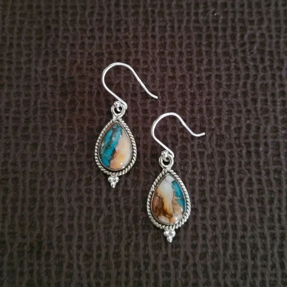 Shivam Oyster Blue💙 Copper Turquoise Teardrop💧 Earrings - Picture 3 of 12